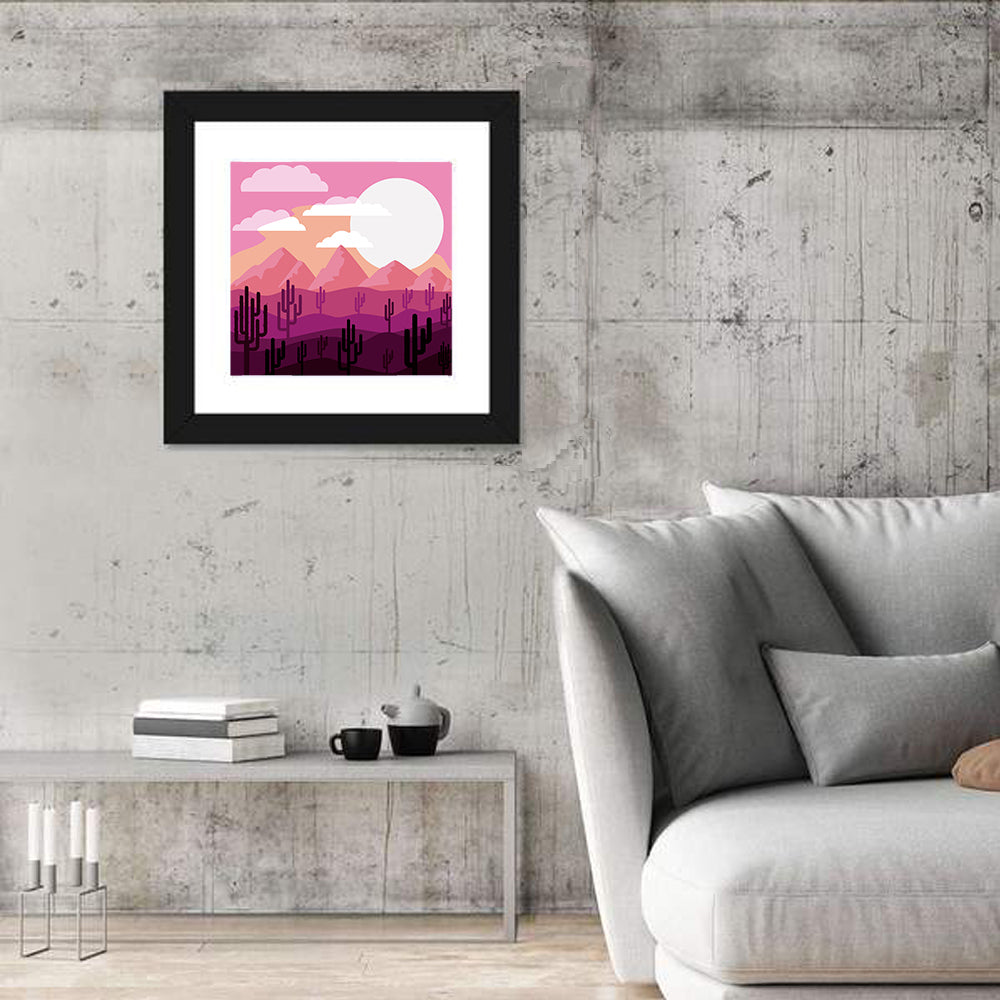 Saguaro Sunset Illustration Wall Art in a room, square