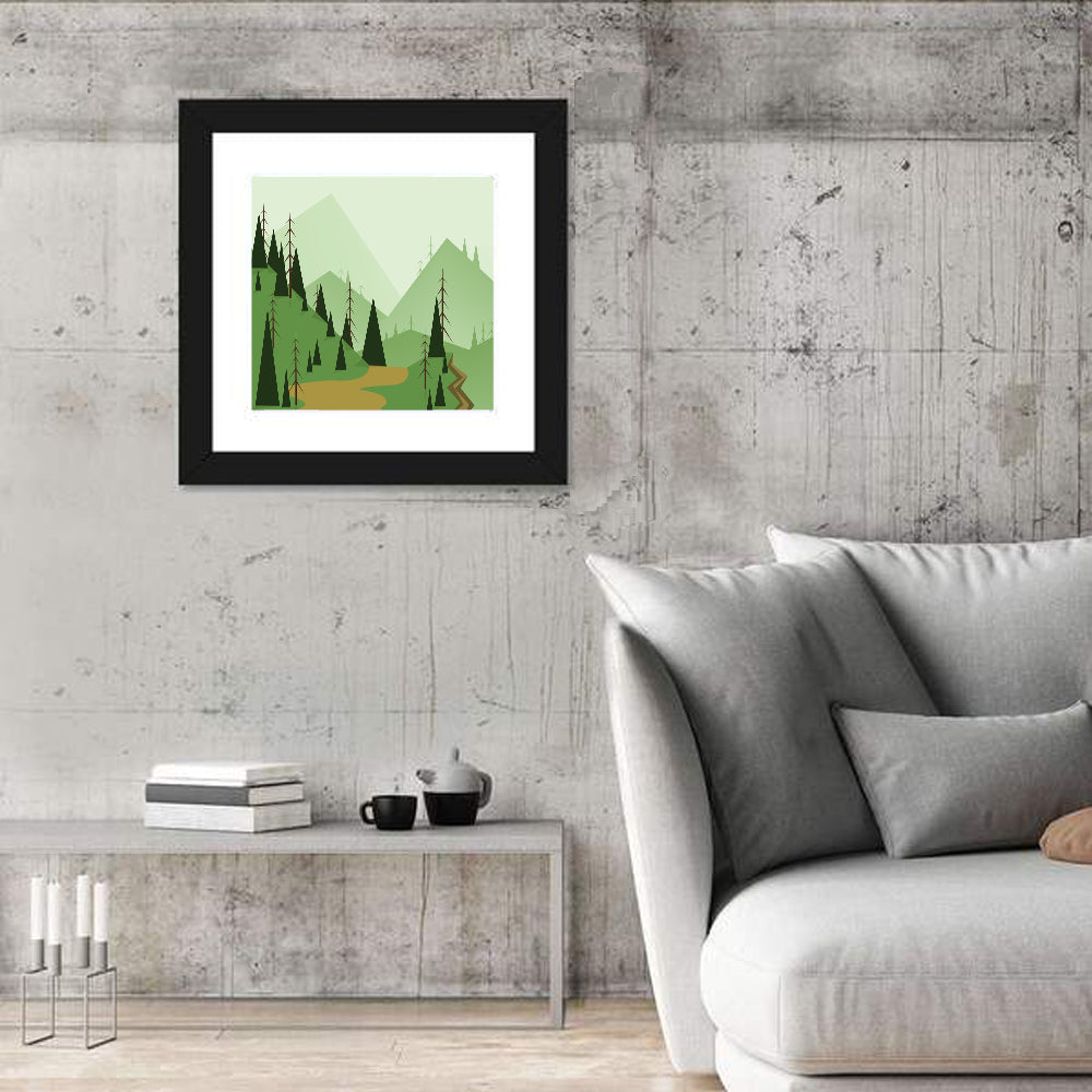 Green Foggy Hills Illustration Wall Art