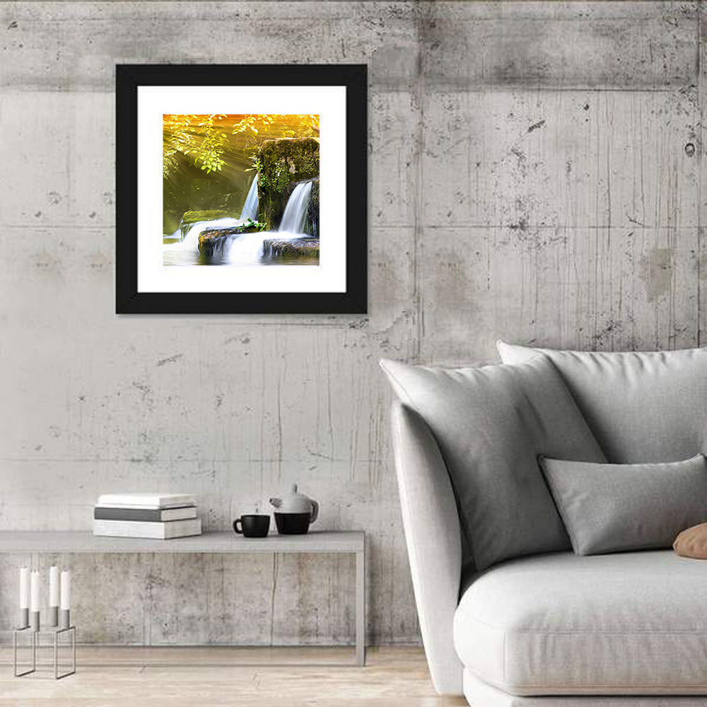 Sunlit Forest Waterfall Wall Art in a room, square