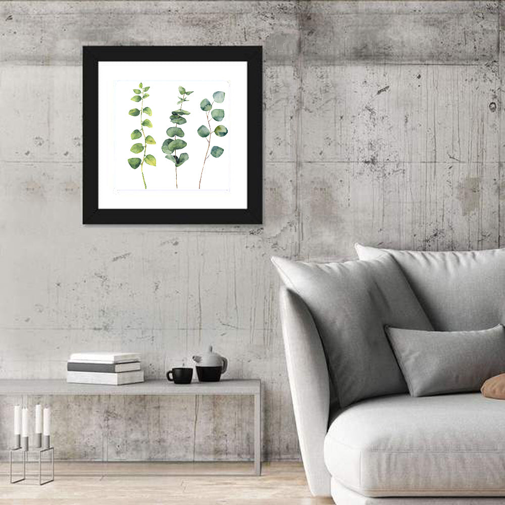 Watercolor Eucalyptus Stems Wall Art in a room, square