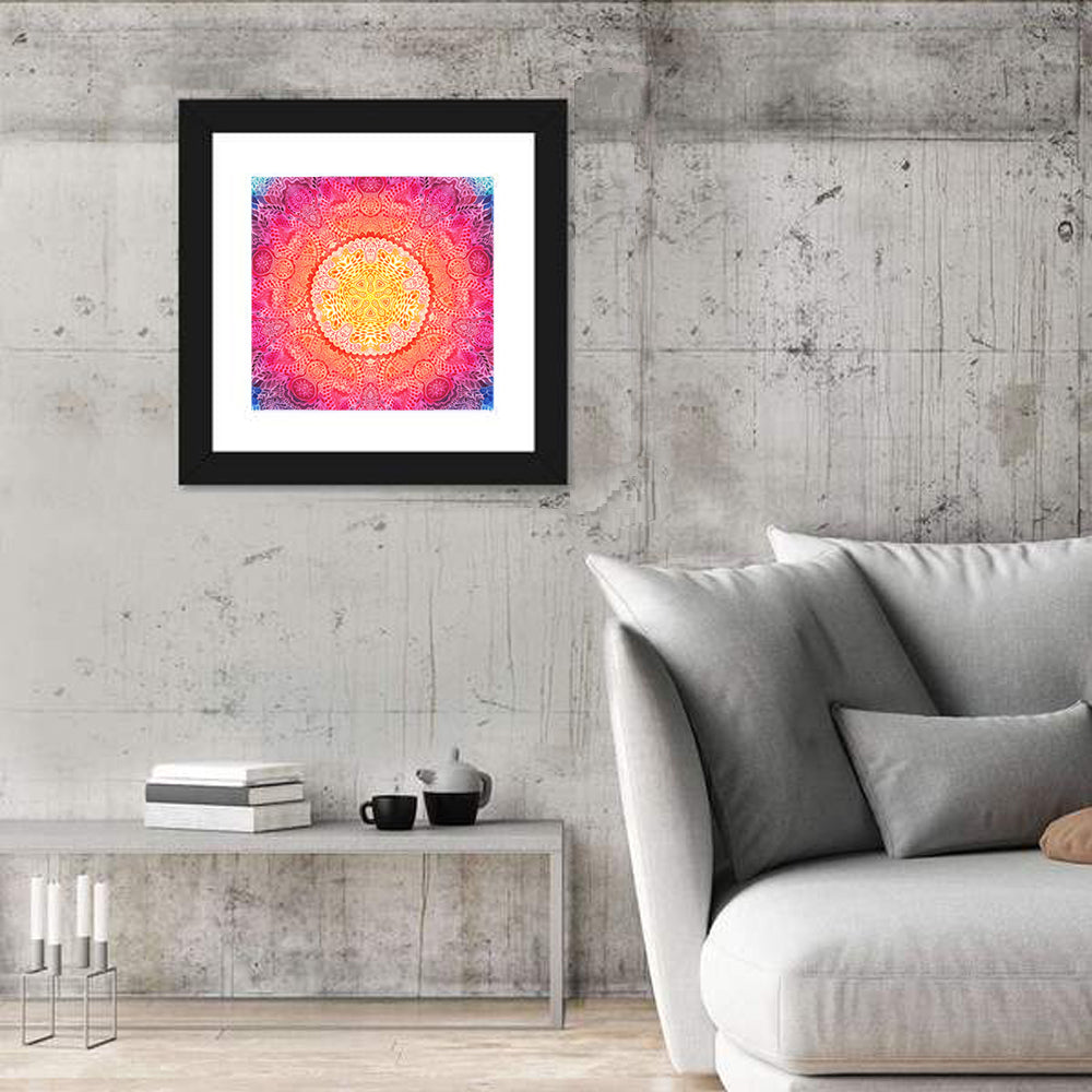 Watercolor Lace Mandala in Pink and Gold Wall Art in a room, square