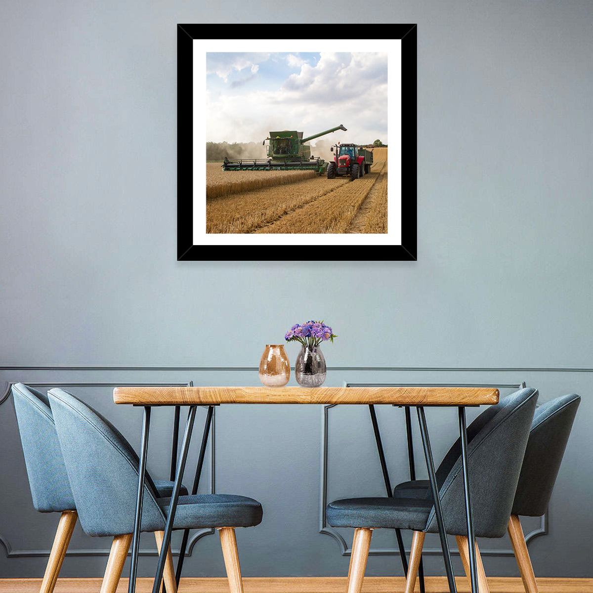 Wheat Harvest with Combine and Tractor Wall Art in a room, square