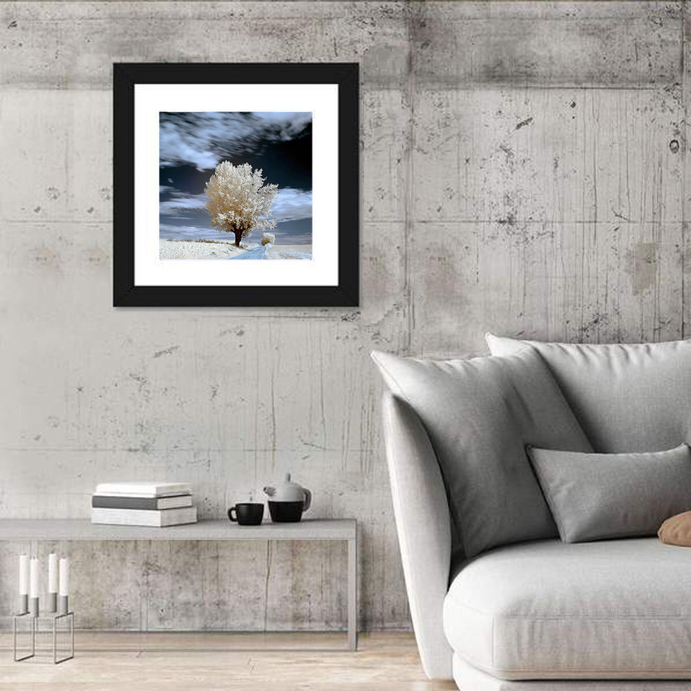 Infrared Winter Willow Tree Wall Art in a room, square