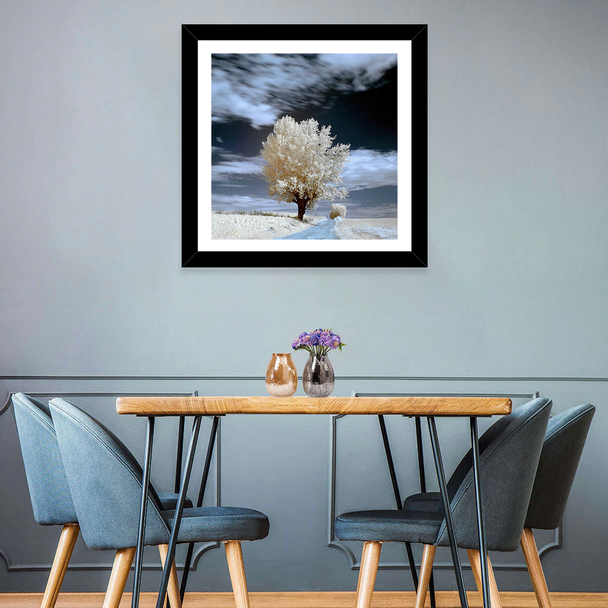 Infrared Winter Willow Tree Wall Art in a room, square