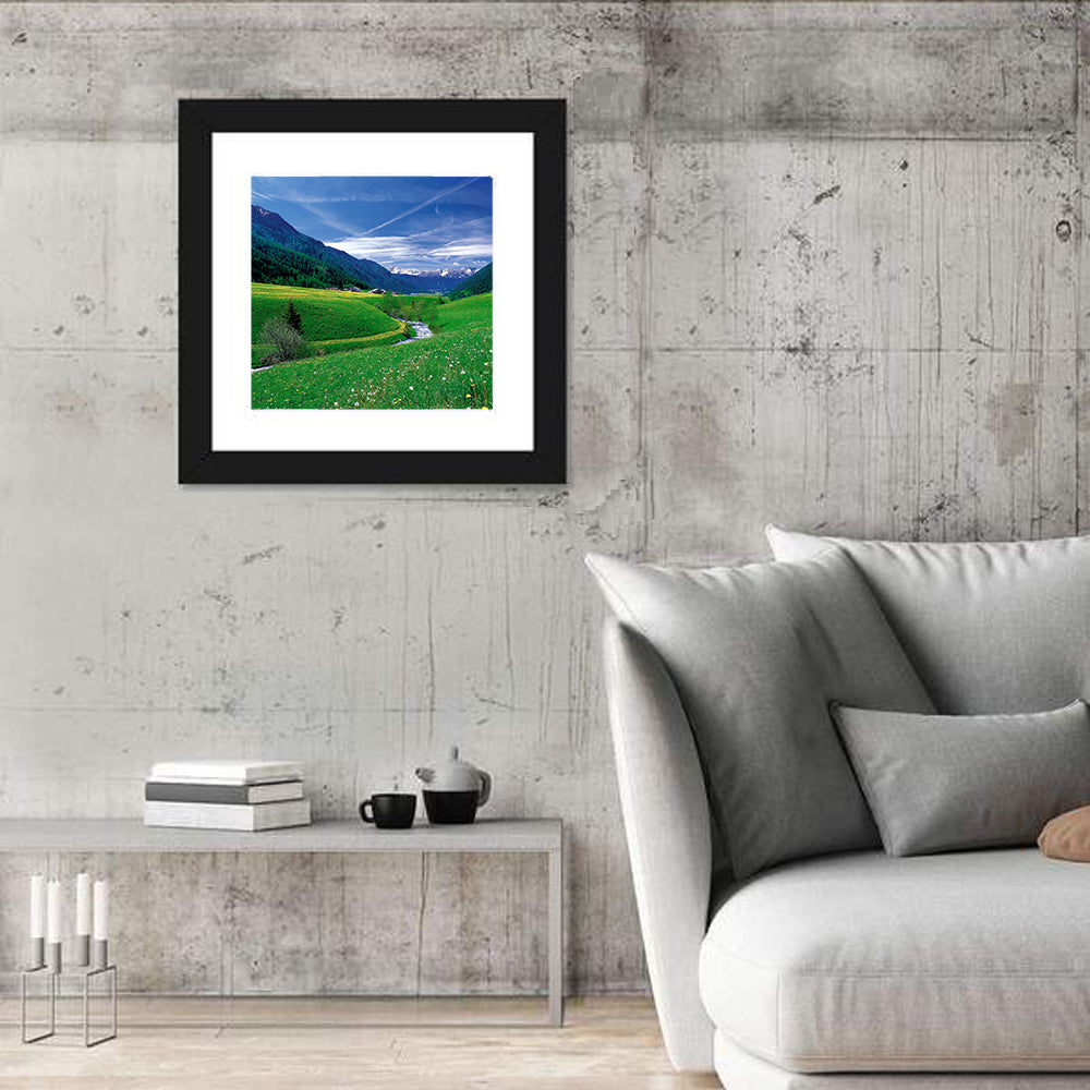 Snow-capped Peaks and Floral Meadow Wall Art in a room, square