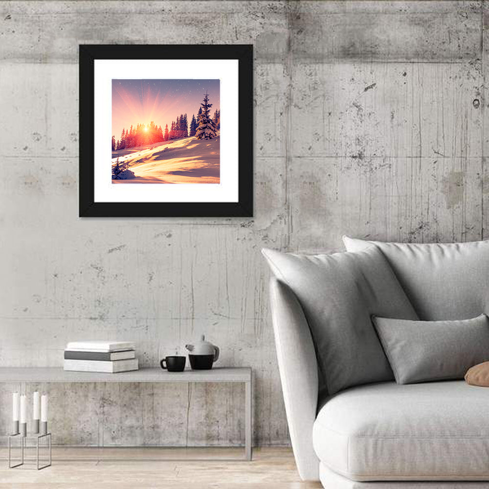 Winter Mountains Sunrise Wall Art in a room, square