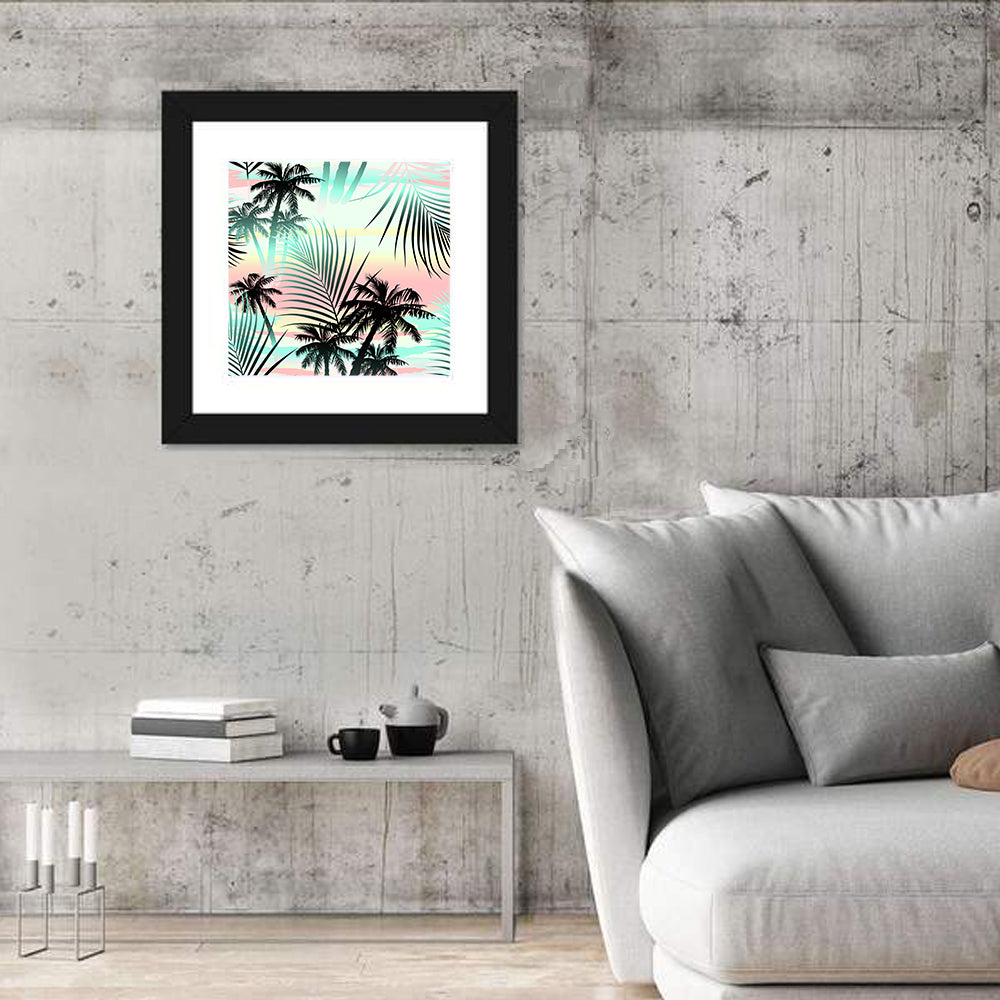Tropical Palm Stripe Pattern Wall Art in a room, square