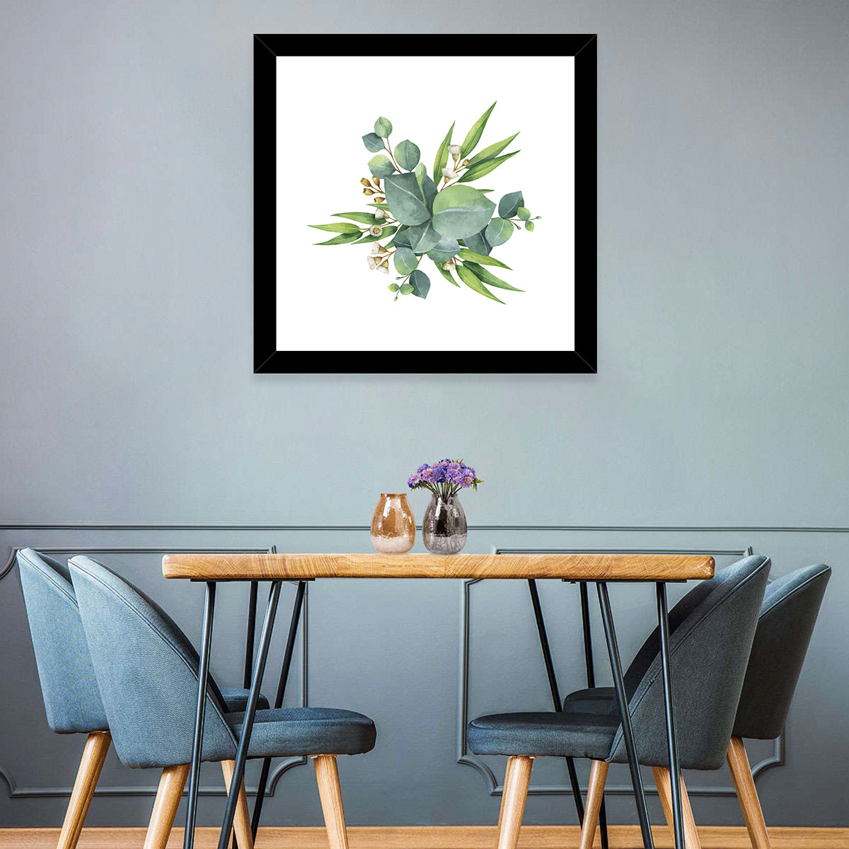 Eucalyptus Leaf Watercolor Cluster Wall Art in a room, square