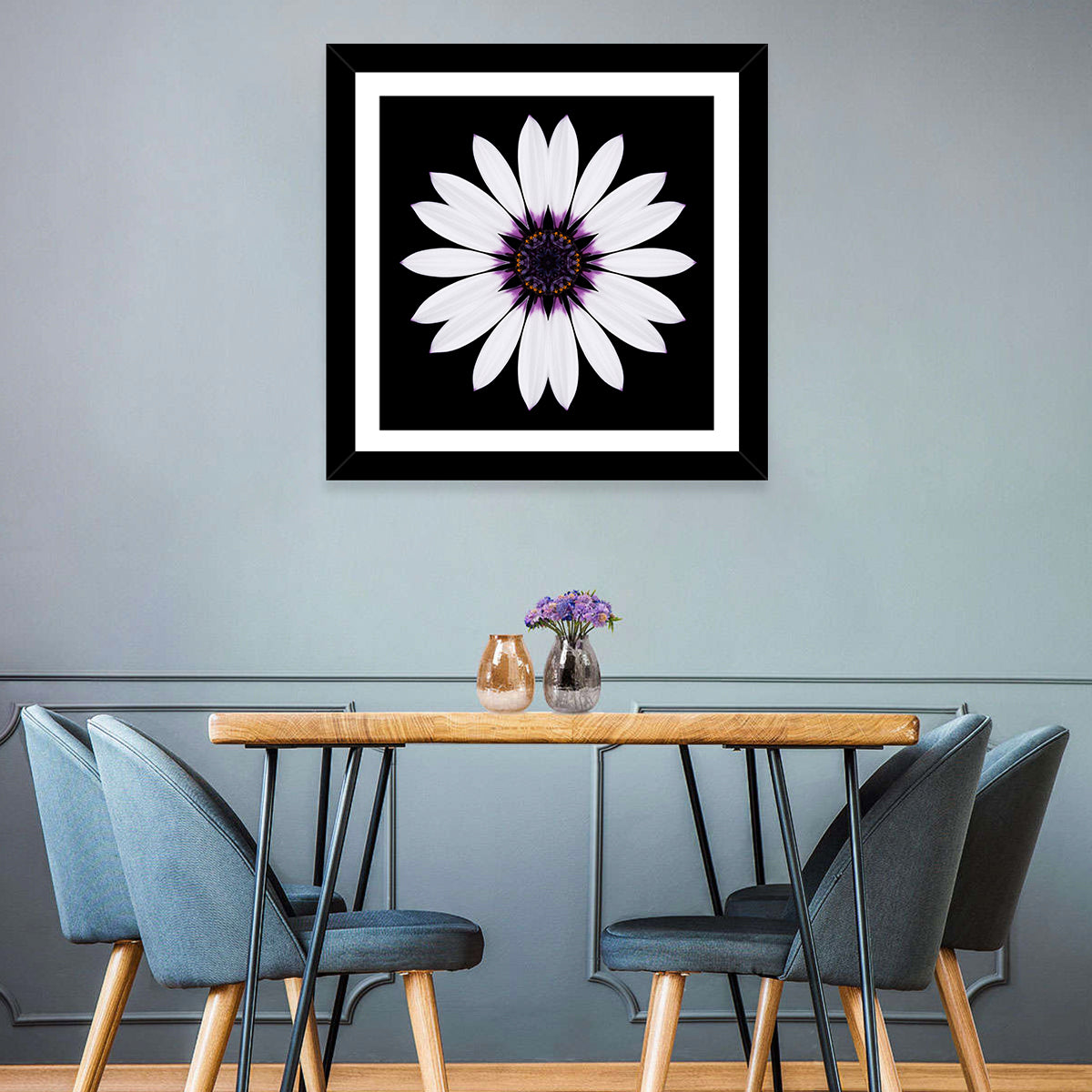 White Daisy Mandala on Black Wall Art