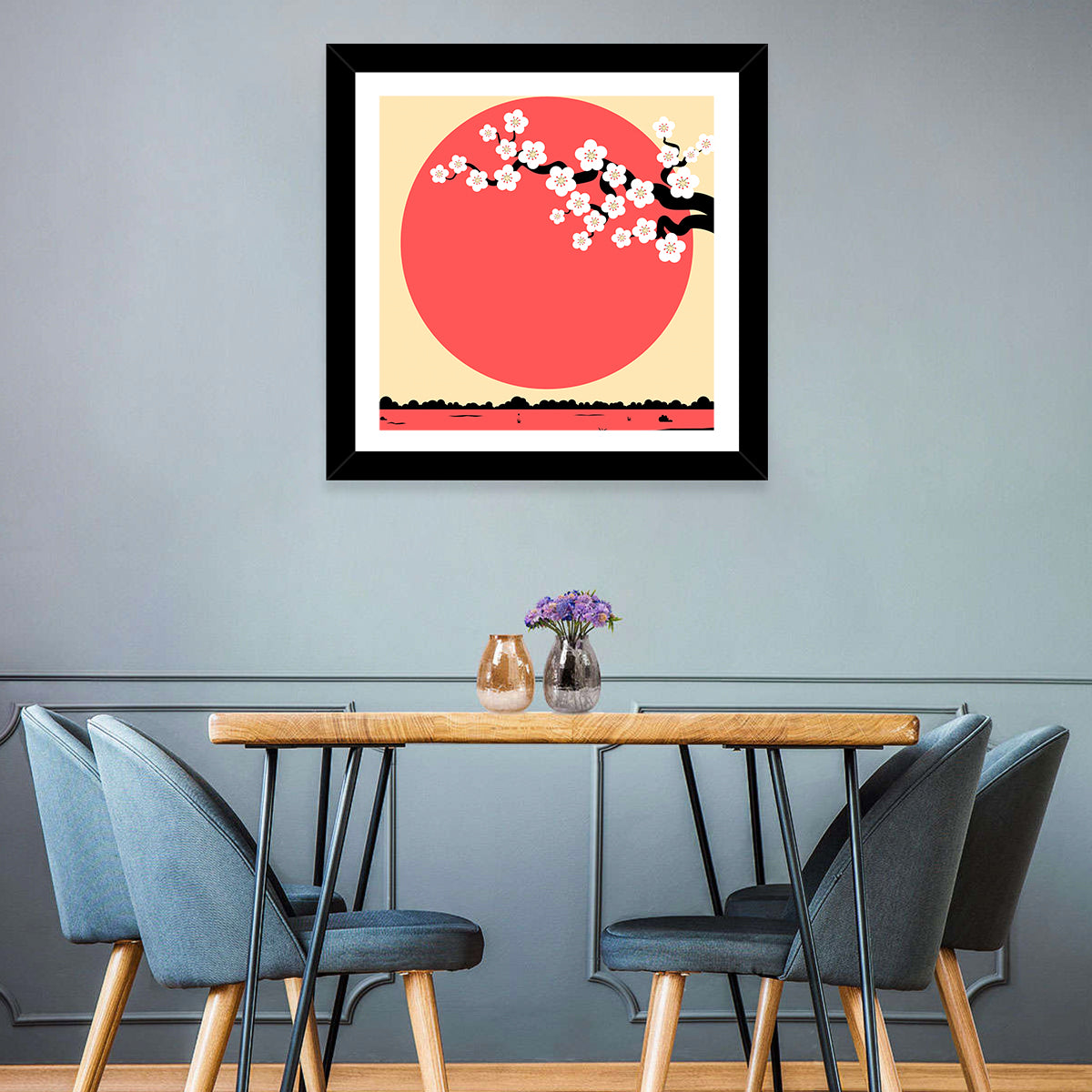 Cherry Blossom with Red Sun Wall Art in a room, square
