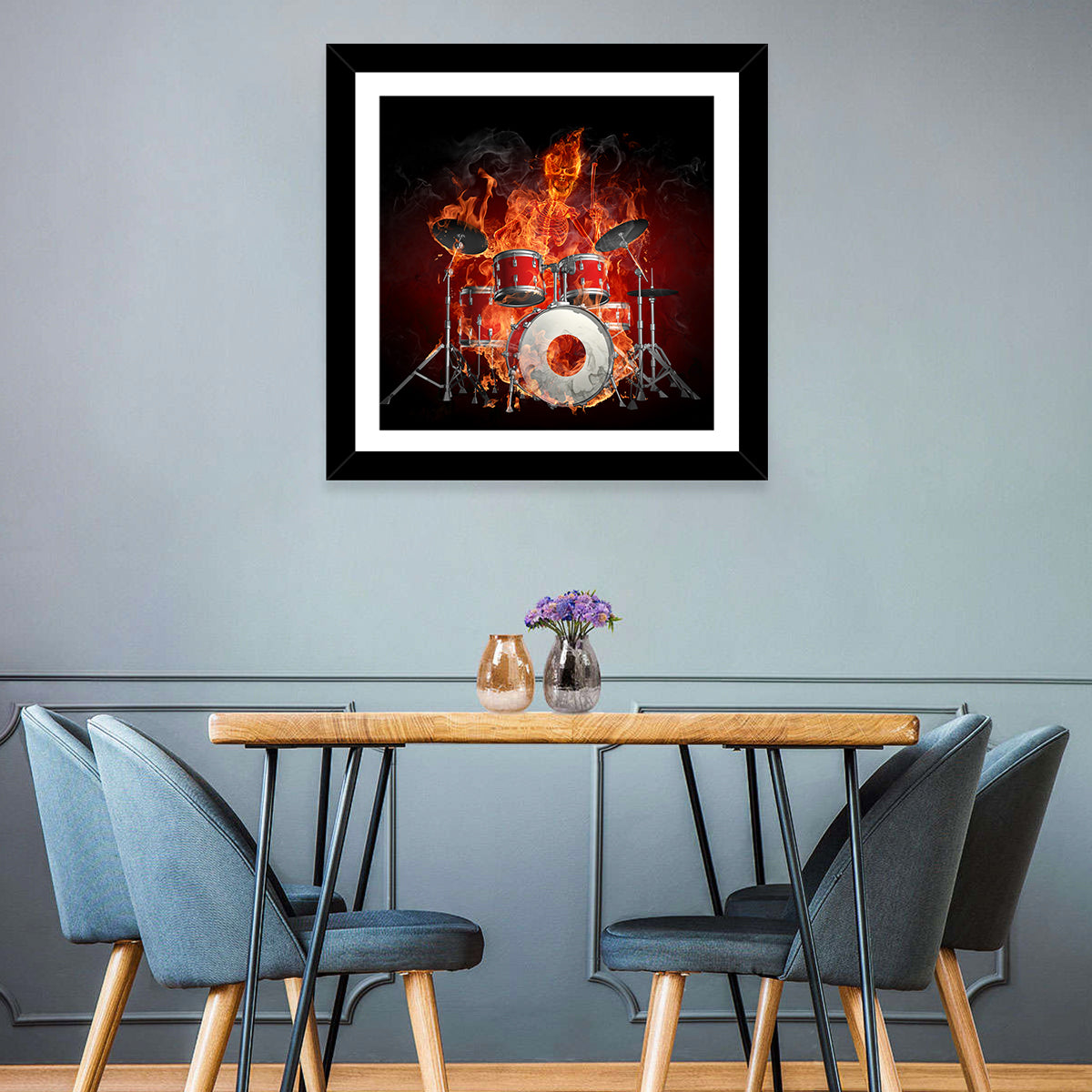 Flaming Skeleton Drummer Wall Art in a room, square