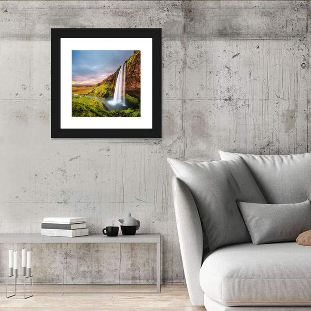 Seljalandsfoss Waterfall Wall Art in a room, square