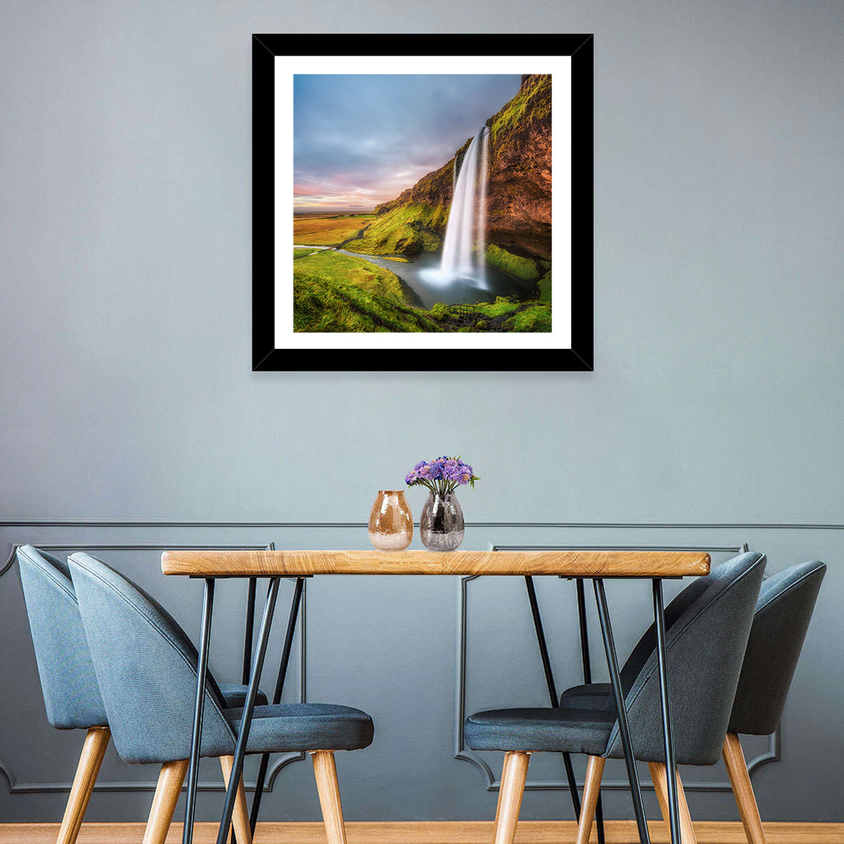 Seljalandsfoss Waterfall Wall Art in a room, square