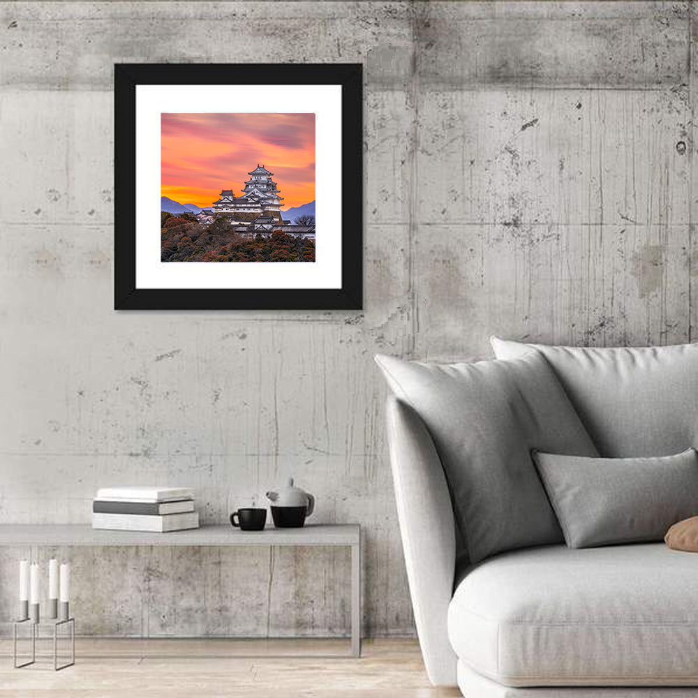 Himeji Castle at Sunrise Wall Art in a room, square