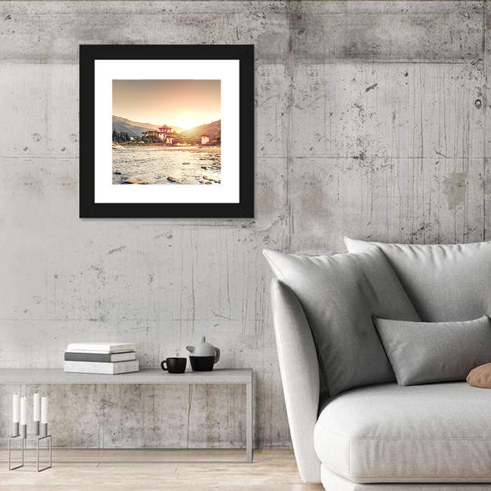 Punakha Dzong at Golden Hour Wall Art in a room, square