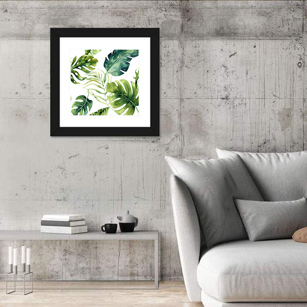 Tropical Watercolor Leaves Wall Art in a room, square