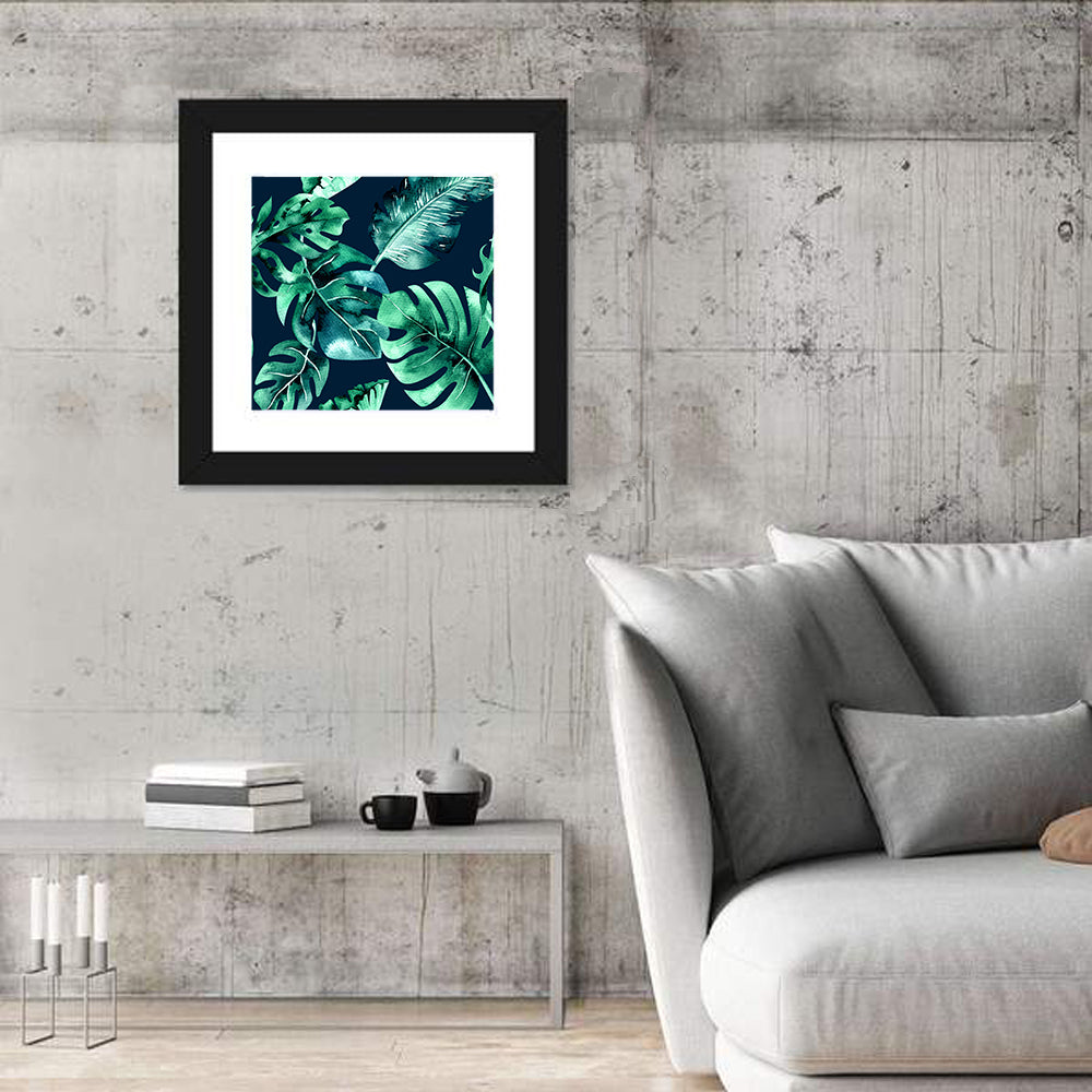 Tropical Watercolor Leaf Pattern Wall Art in a room, square