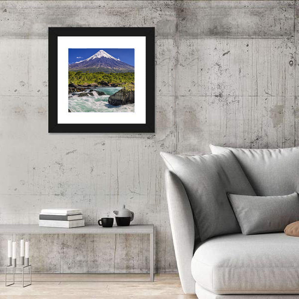 Osorno Volcano Over Petrohue Rapids Wall Art in a room, square