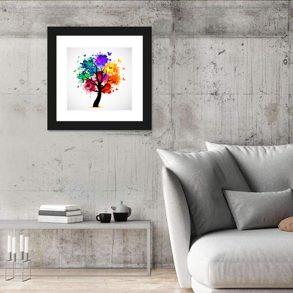 Painted Tree with Butterflies Wall Art in a room, square