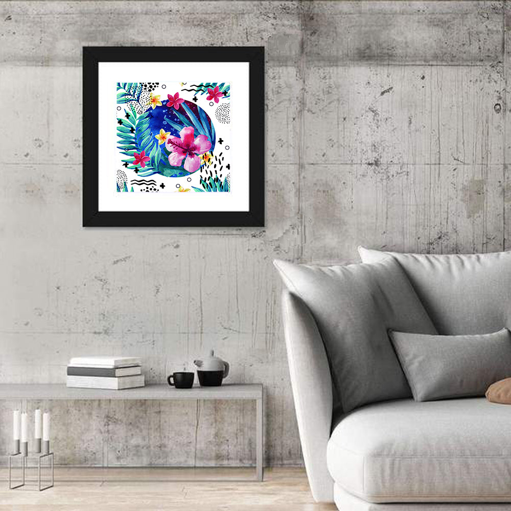 Tropical Botanical Circle Pattern Wall Art in a room, square