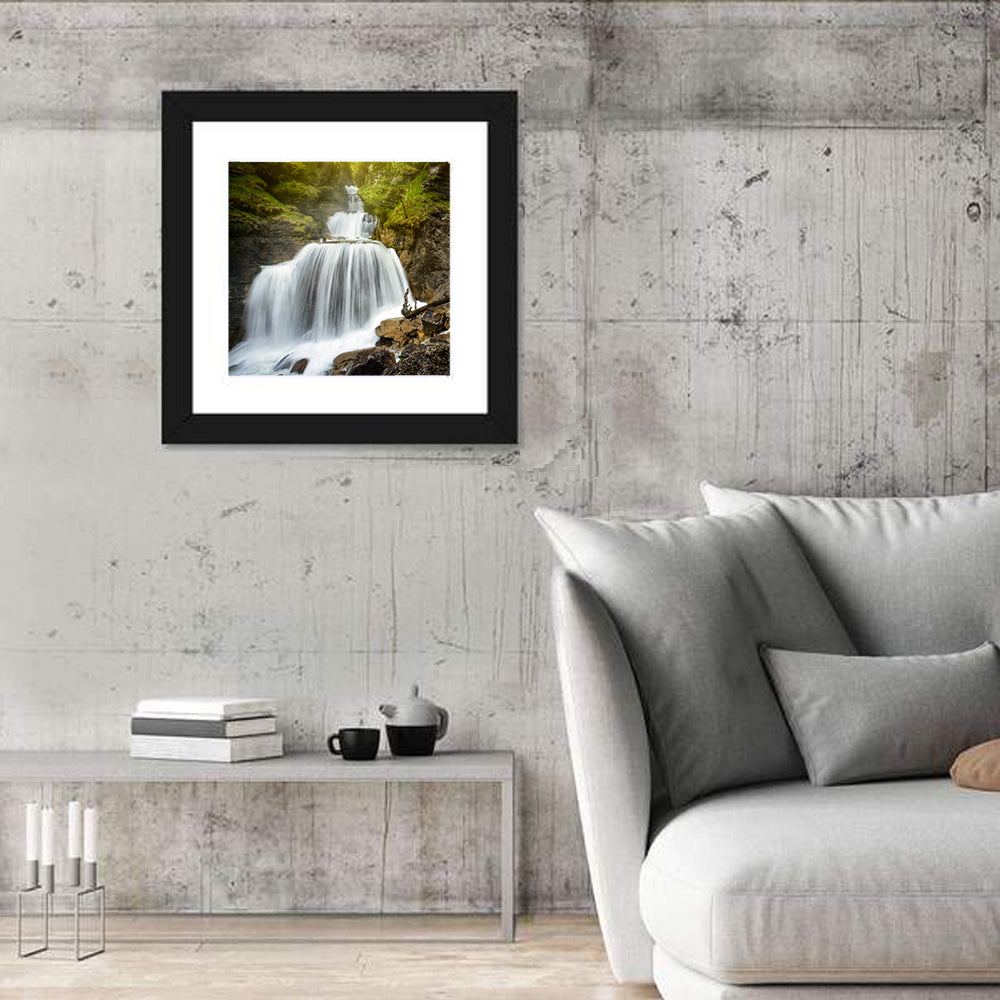 White Cascade Over Mossy Rocks Wall Art in a room, square
