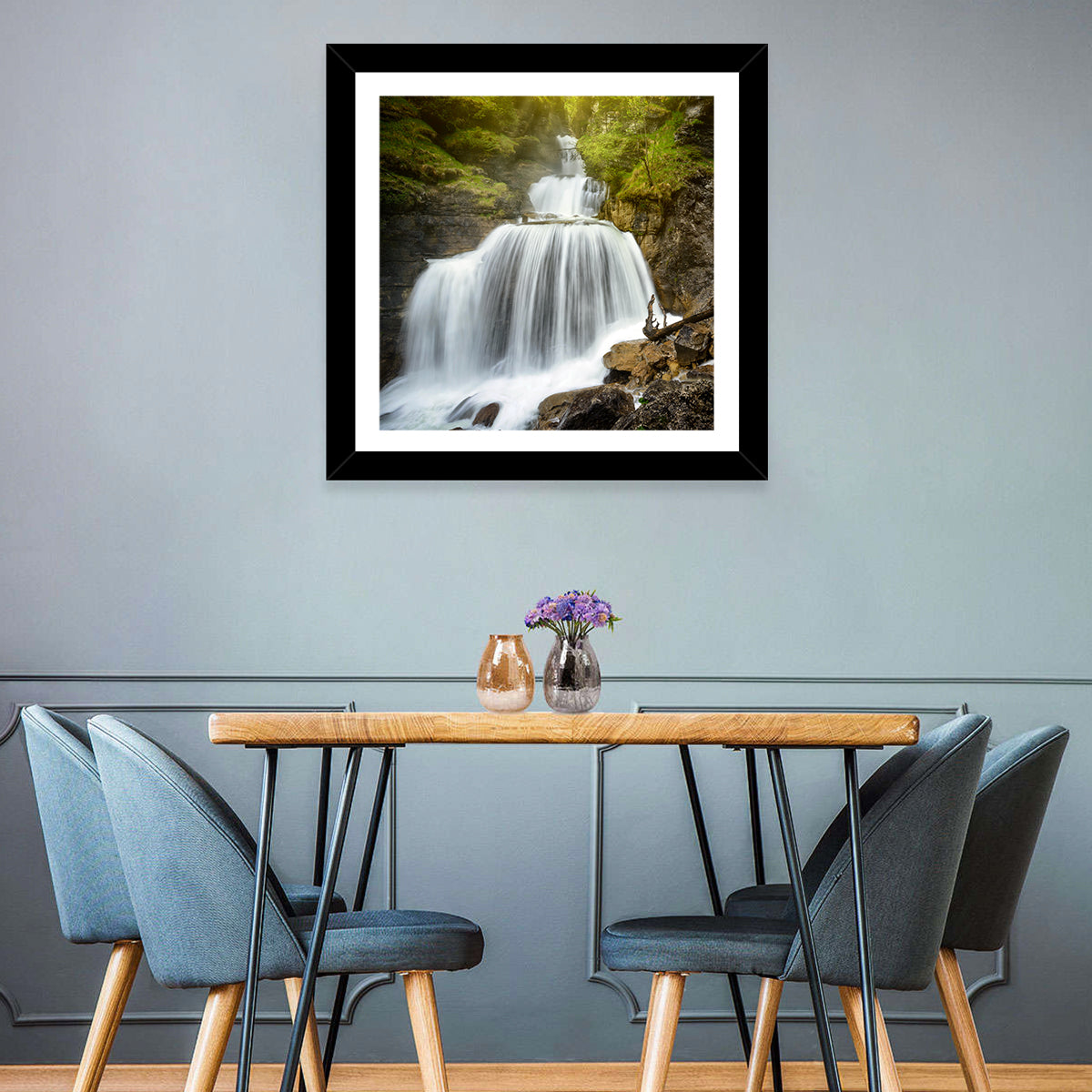White Cascade Over Mossy Rocks Wall Art in a room, square