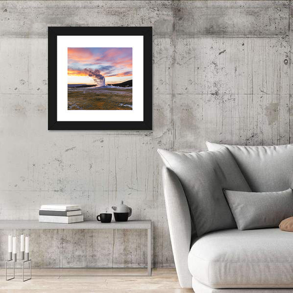 Old Faithful Erupting at Sunset Wall Art