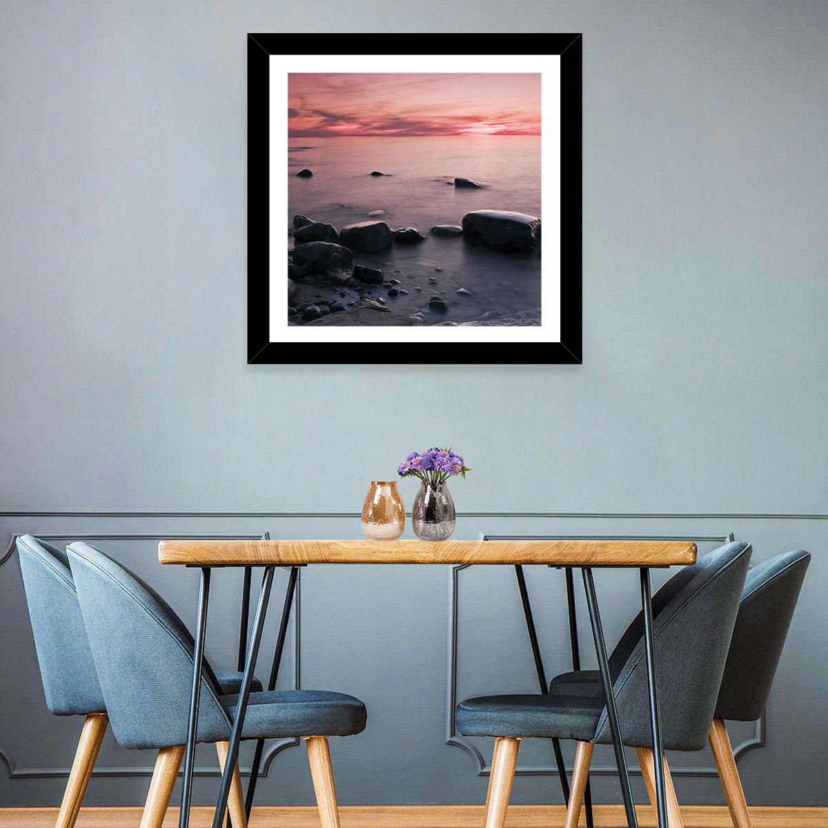 Pink Dusk Lakeshore with Silhouetted Rocks Wall Art in a room, square