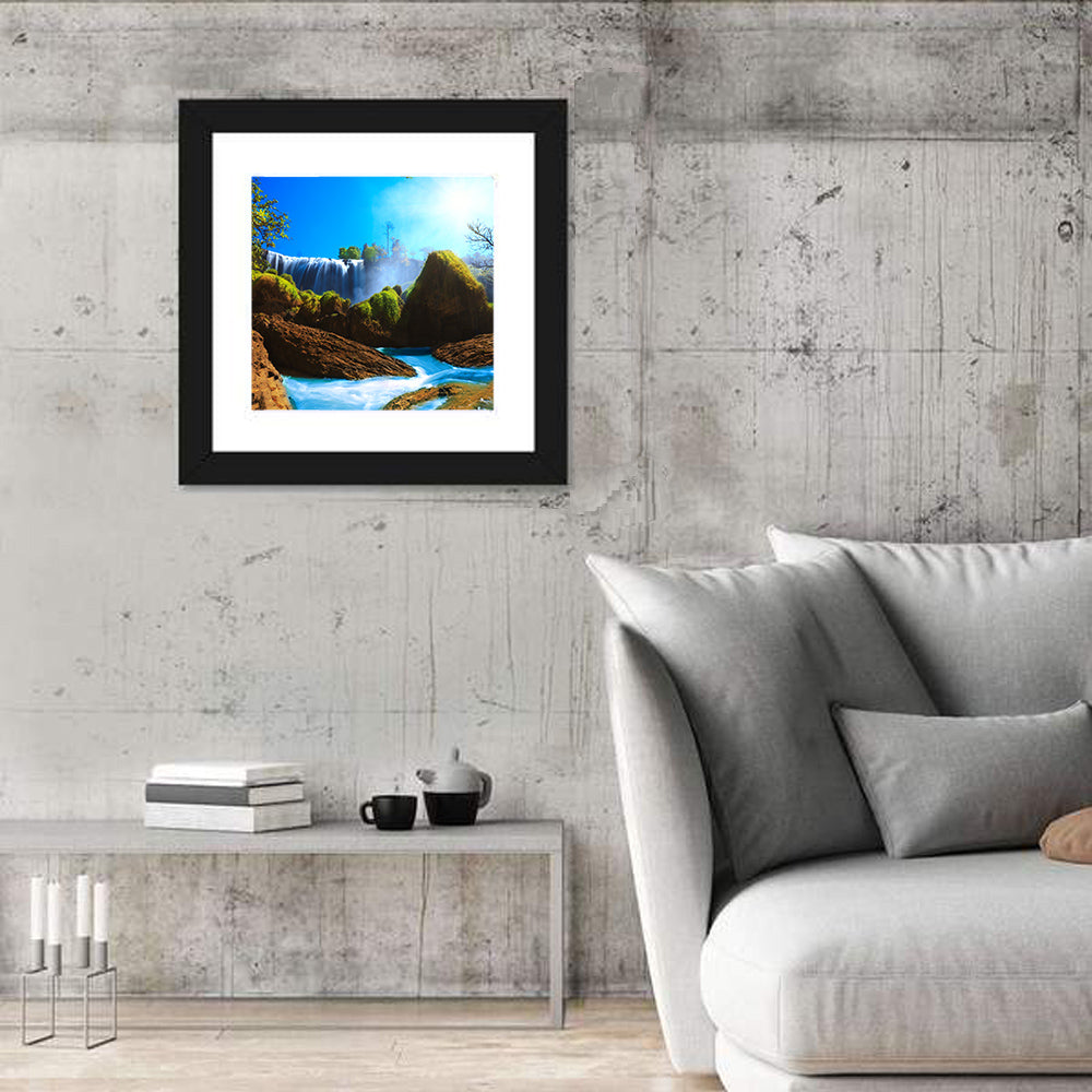 Sunlit Turquoise Waterfall Wall Art in a room, square