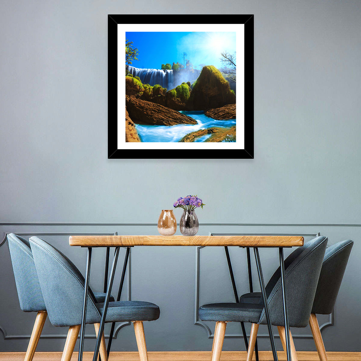 Sunlit Turquoise Waterfall Wall Art in a room, square