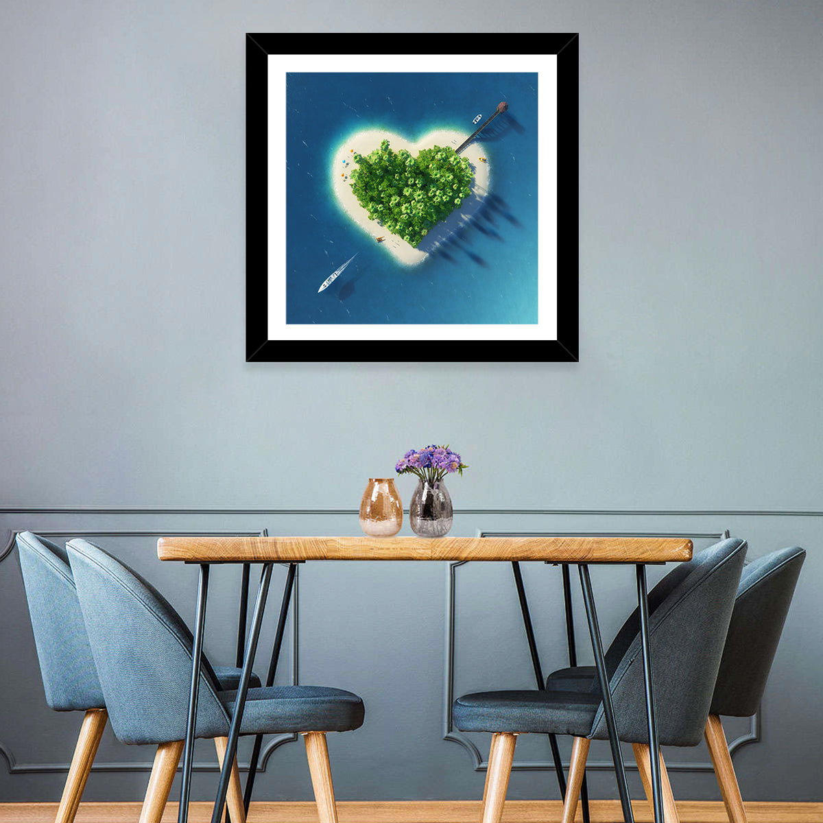 Heart-shaped Island Aerial Wall Art in a room, square