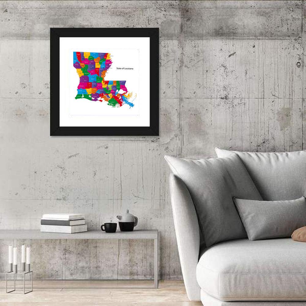 Colorful Louisiana Parish Map Wall Art in a room, square
