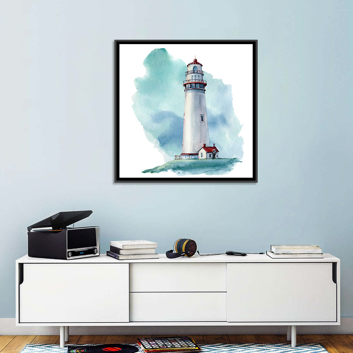 Red Roof Lighthouse Watercolor Wall Art