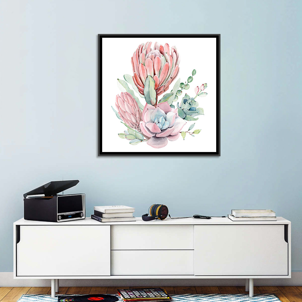 Pink Protea Succulent Bouquet Wall Art in a room, square