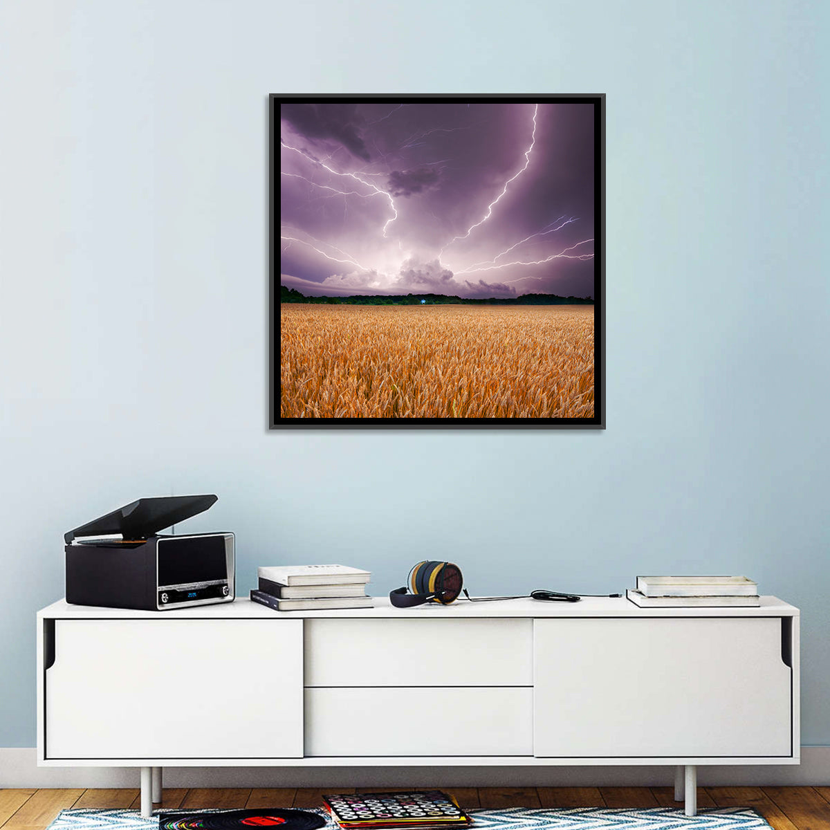 Lightning Over Wheat Field Wall Art in a room, square