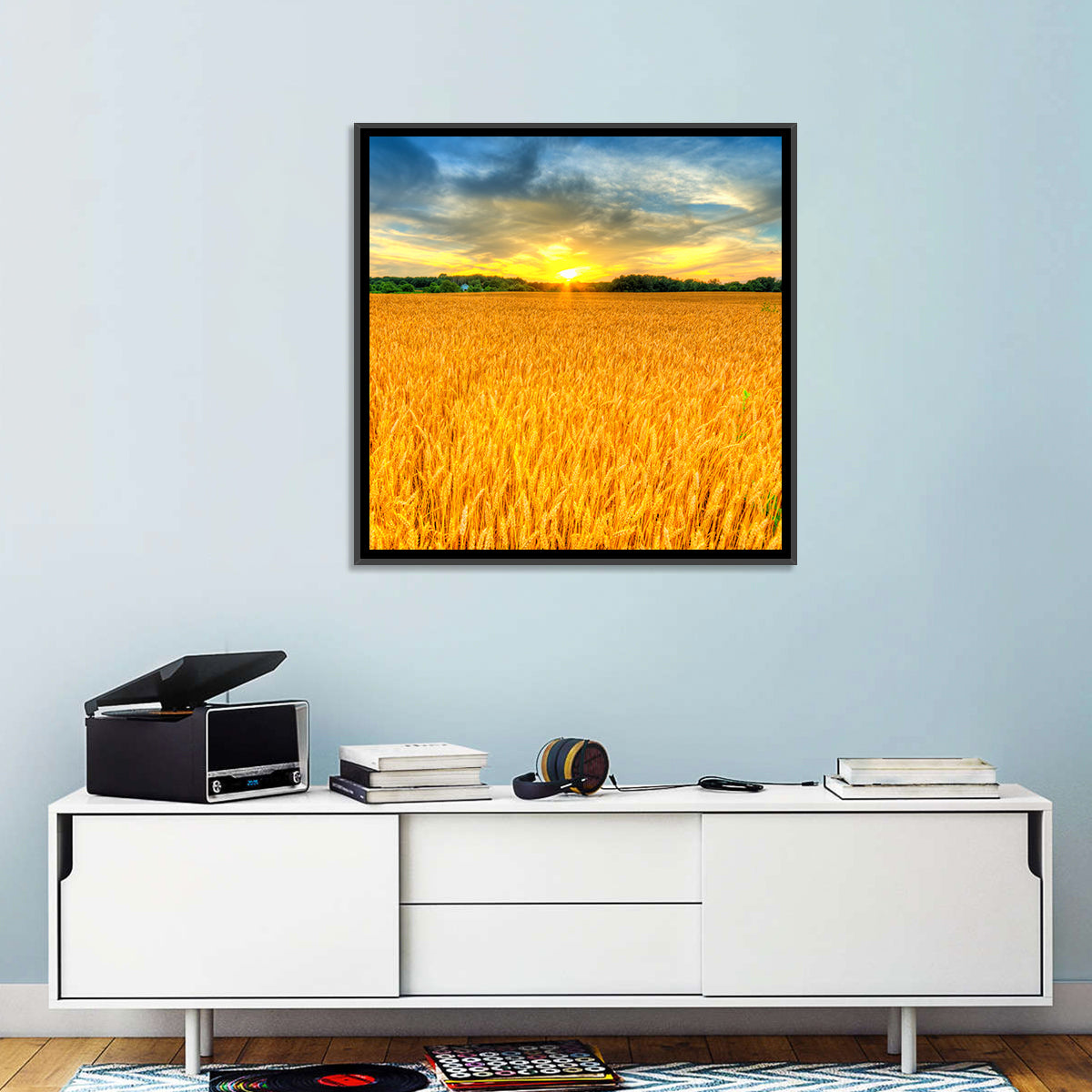 Wheat Field Sunset Wall Art in a room, square
