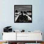 Moody Black and White Rocky Coast Waves Wall Art