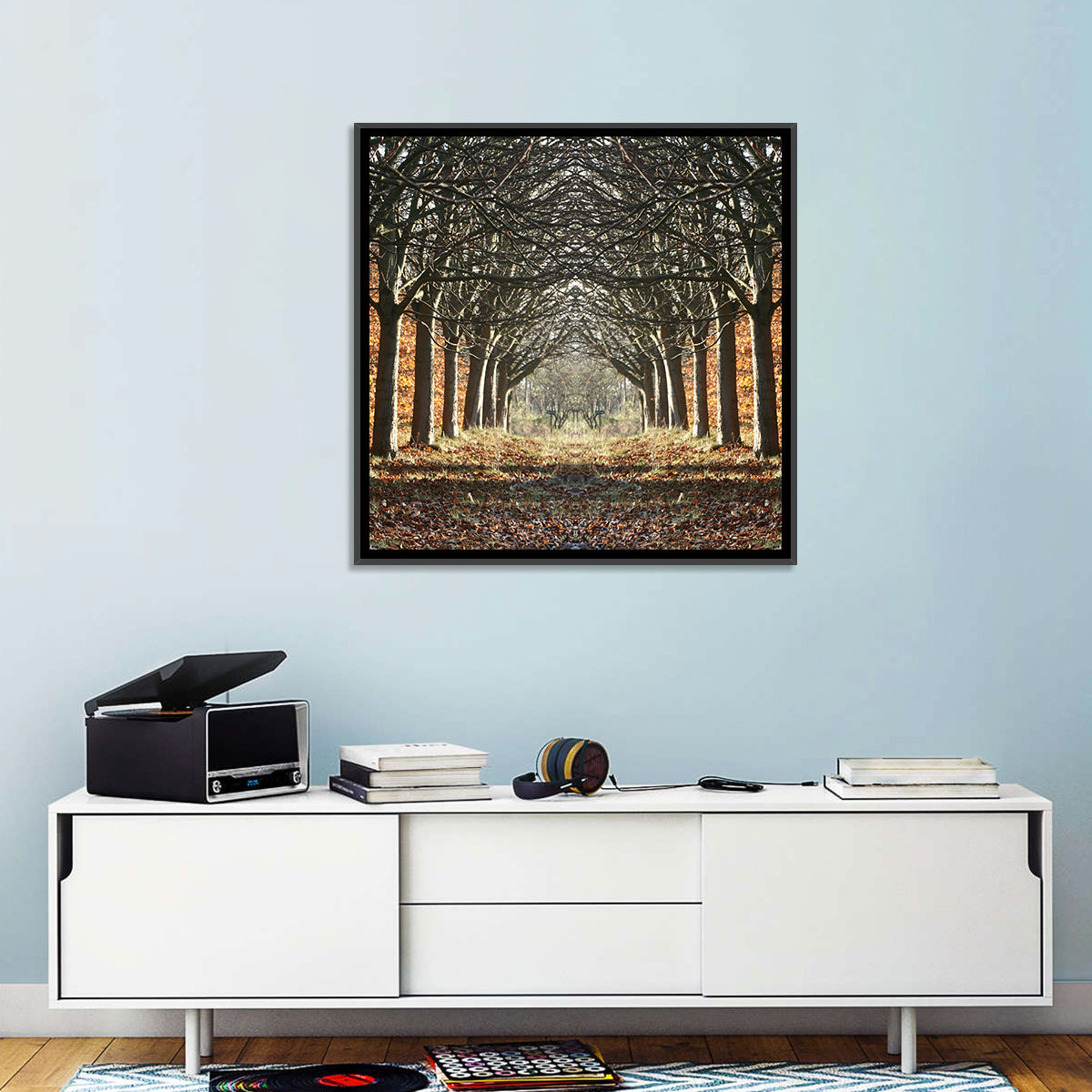 Danish Autumn Tree-lined Path Wall Art in a room, square