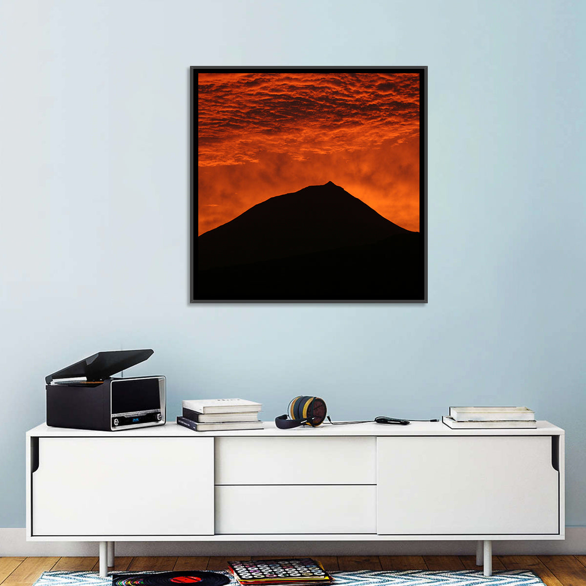 Pico Island Volcano Silhouette at Sunset Wall Art in a room, square