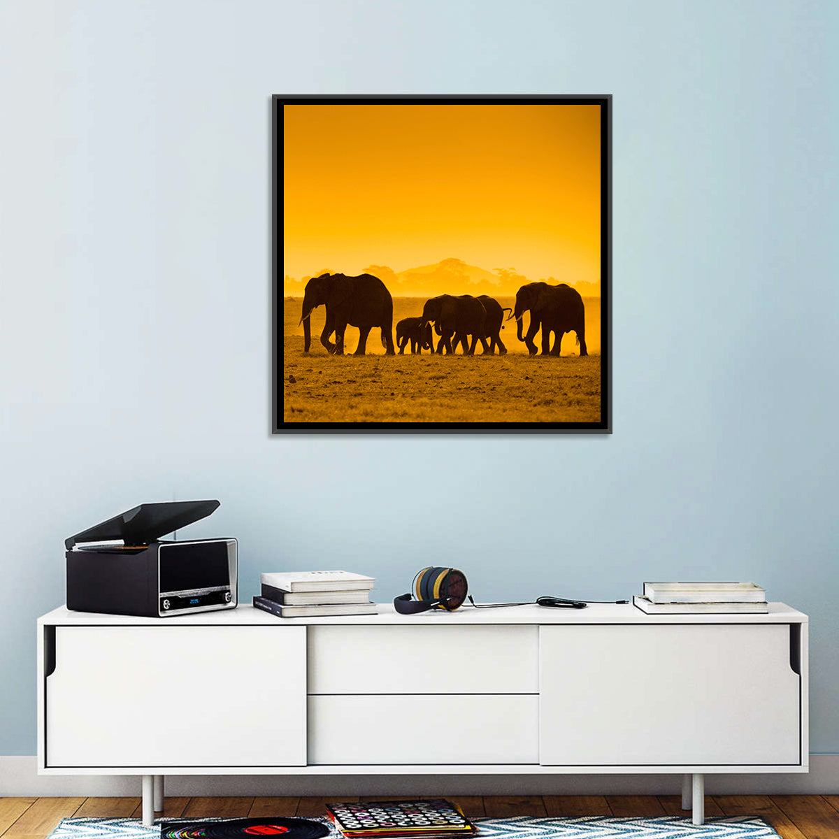 Elephant Family Silhouette Wall Art in a room, square