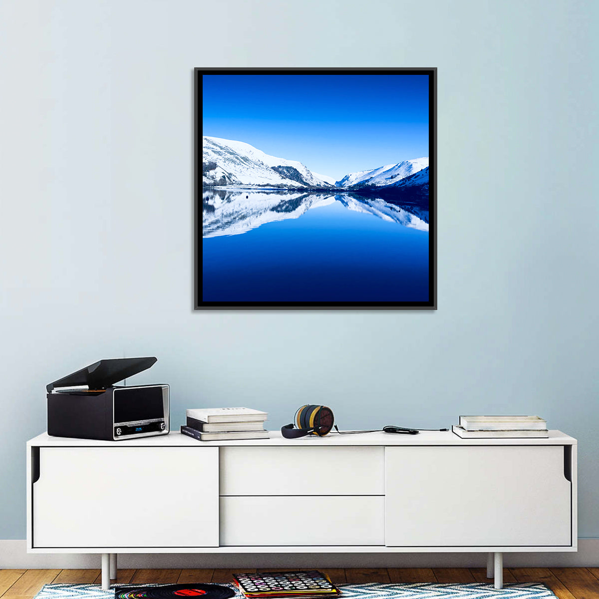 Tal Y Llyn Winter Reflection Wall Art in a room, square