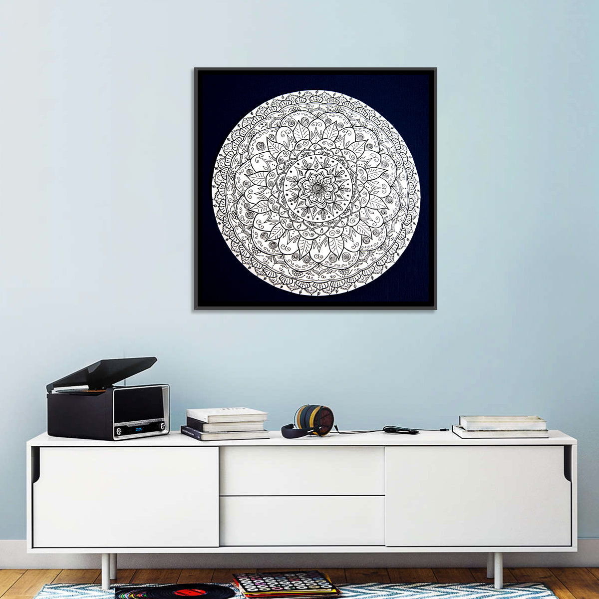 Navy Ornamental Mandala Wall Art in a room, square