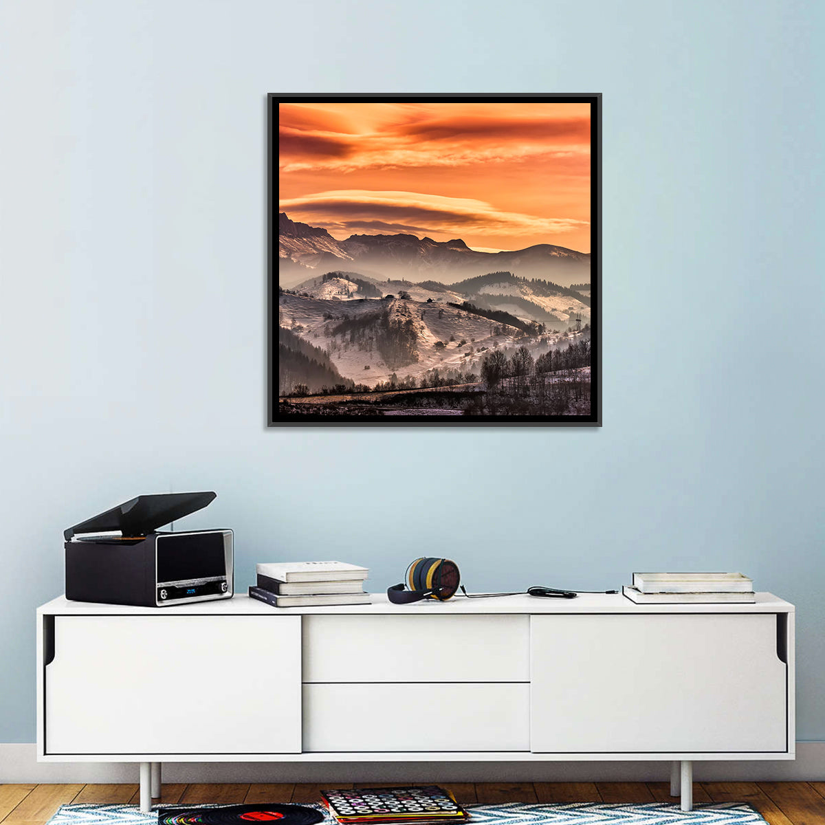 Pestera Mountain Sunrise Wall Art in a room, square