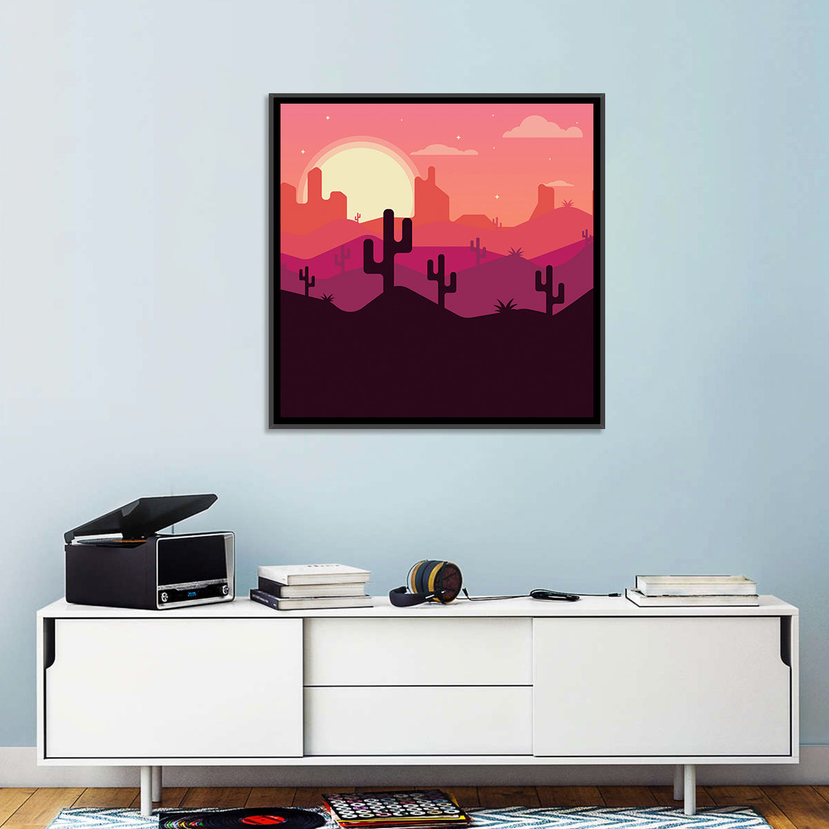 Desert Sunset with Saguaro Silhouettes Wall Art in a room, square