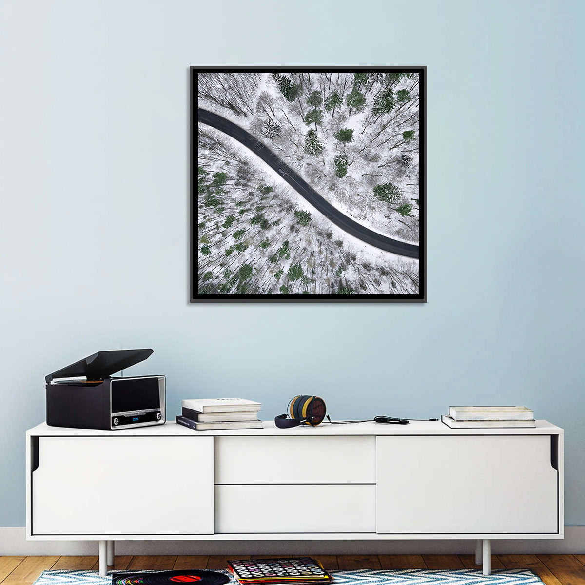 Snowy Forest Road Wall Art in a room, square