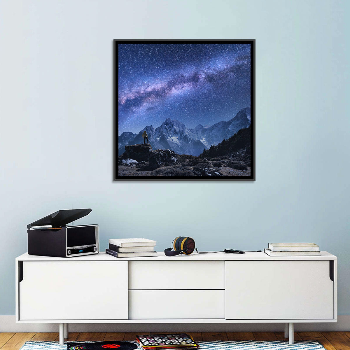 Milky Way Over Snow Capped Peaks Wall Art in a room, square