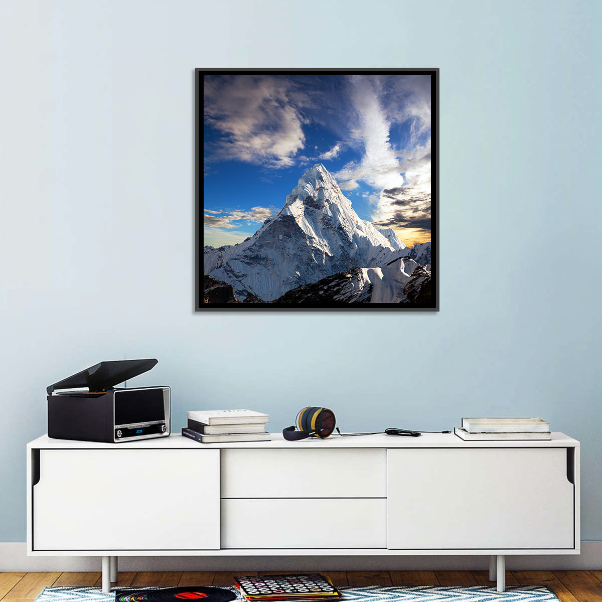 Ama Dablam at Golden Dusk Wall Art in a room, square