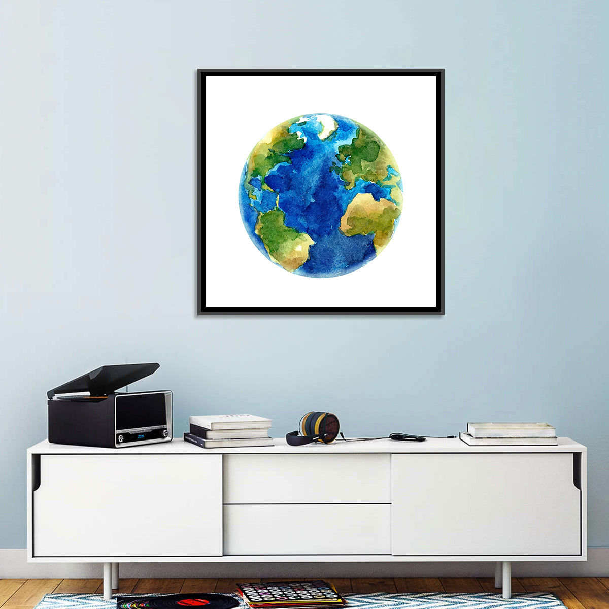 Watercolor Earth Globe Wall Art in a room, square