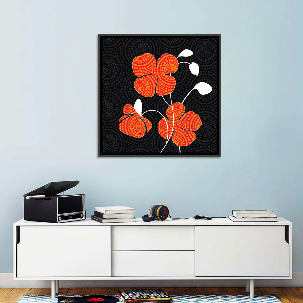 Black and Orange Poppy Illustration Wall Art in a room, square