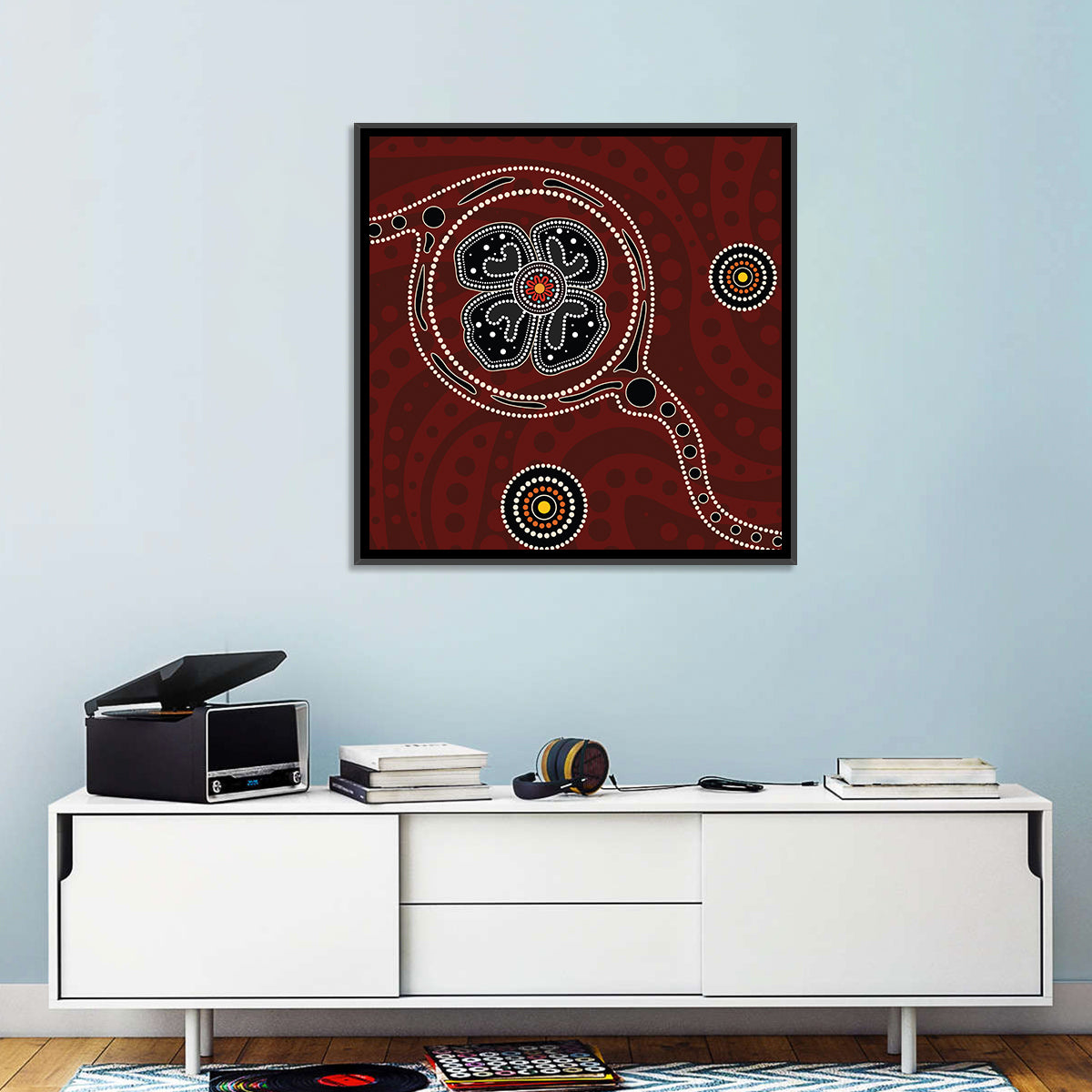 Aboriginal Poppy Dot Motif Wall Art in a room, square